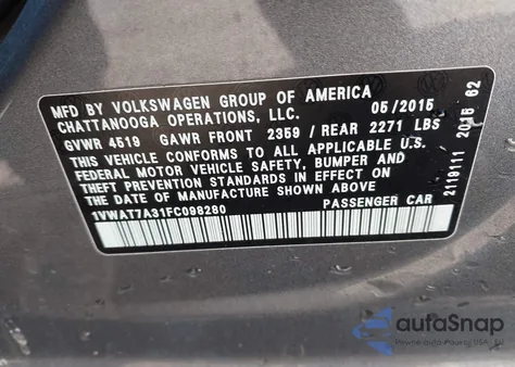 2015 Volkswagen Passat 1.8T S из США, поврежденный, VIN 1VWAT7A31FC098280
